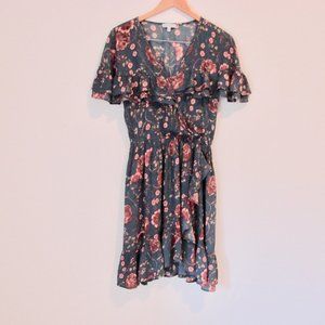 Patrons of Peace Boho Peasant Green Pink Floral Ruffle Hem Hi Low Dress Size Med